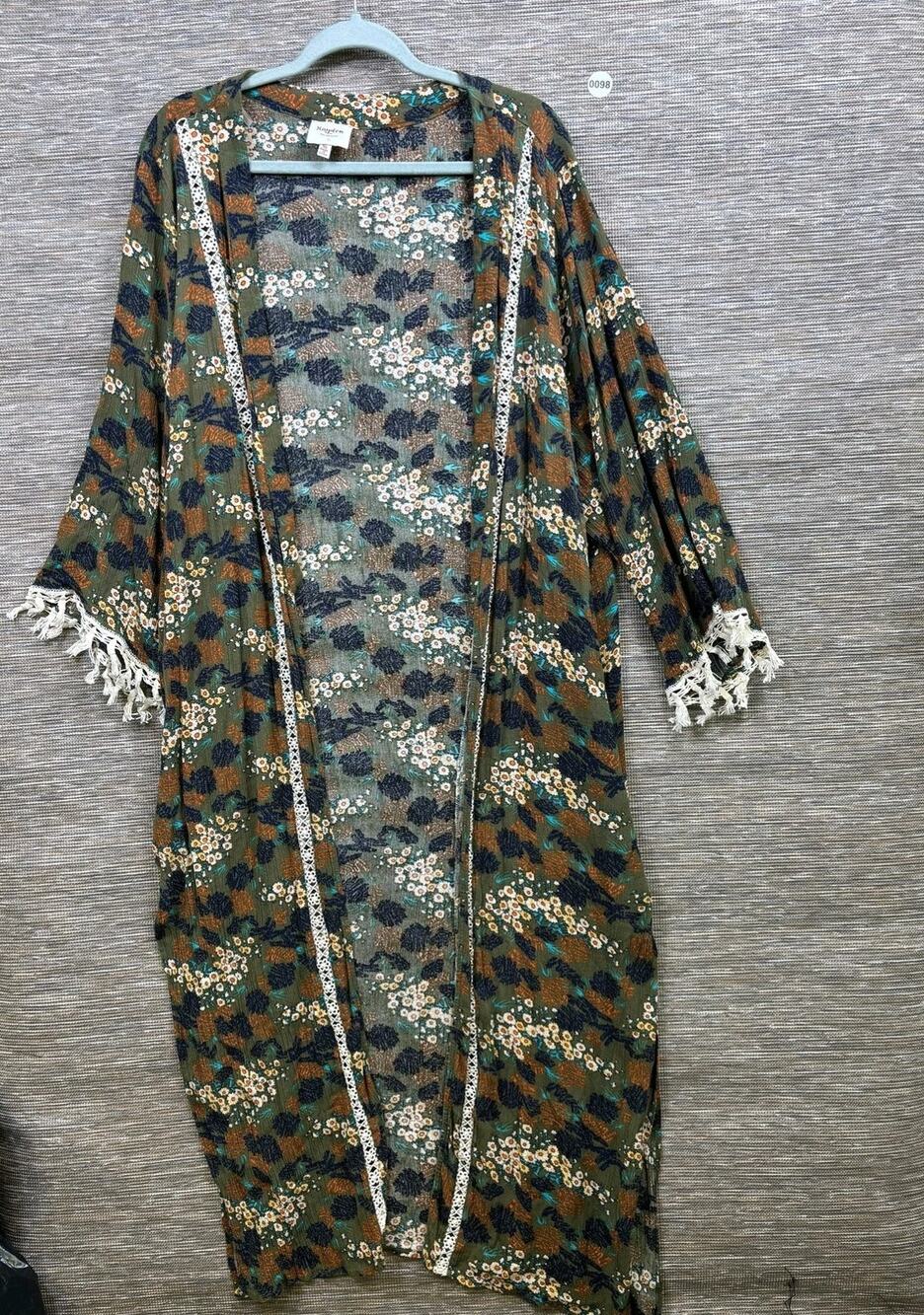 Hayden Los Angeles Jacket Womens 1XL Green Floral Kimono Tie Fringe Lace Boho